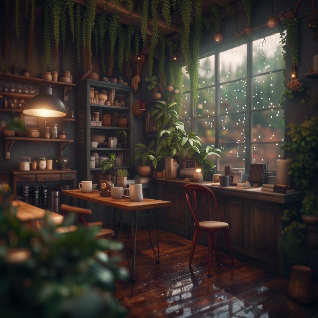 Cozy Cottagecore Coffee Shop in Rain