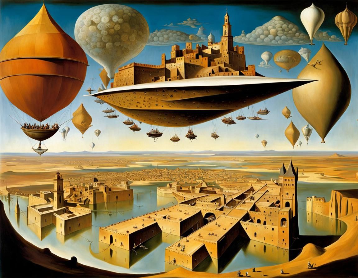 Surrealist Boat Floating Above Ancient Desert City