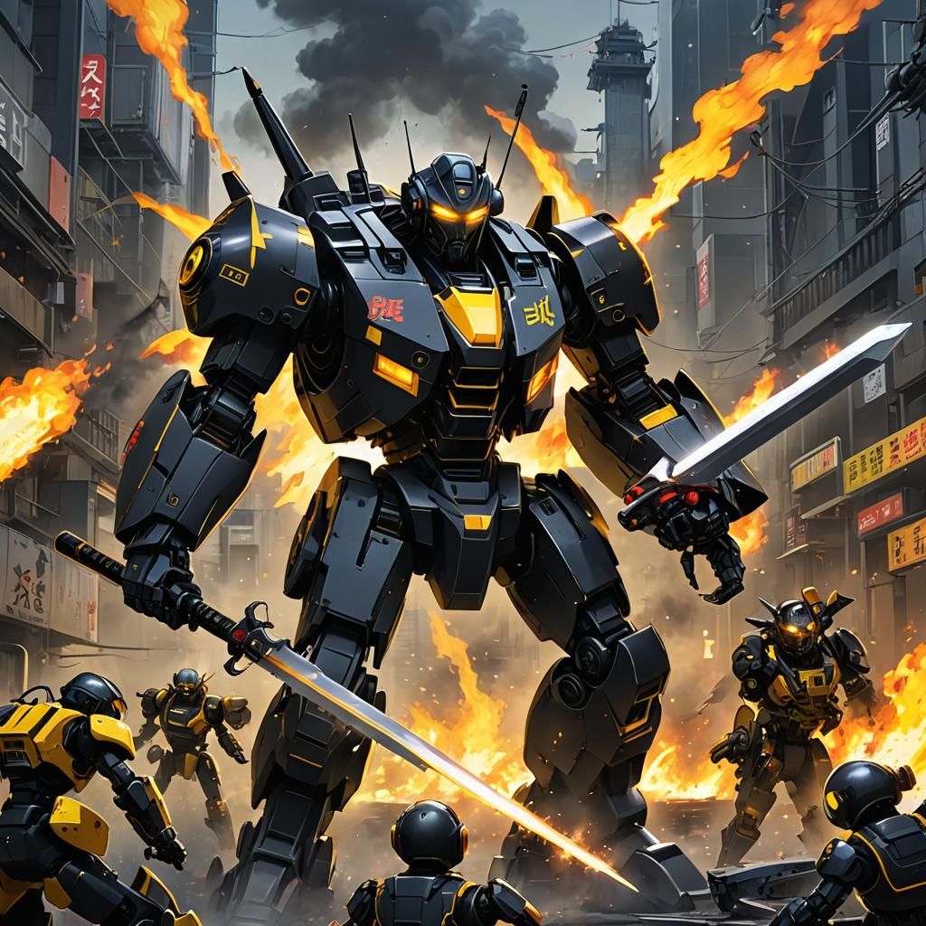 Giant Flamethrower Robot Encounter in Anime Style