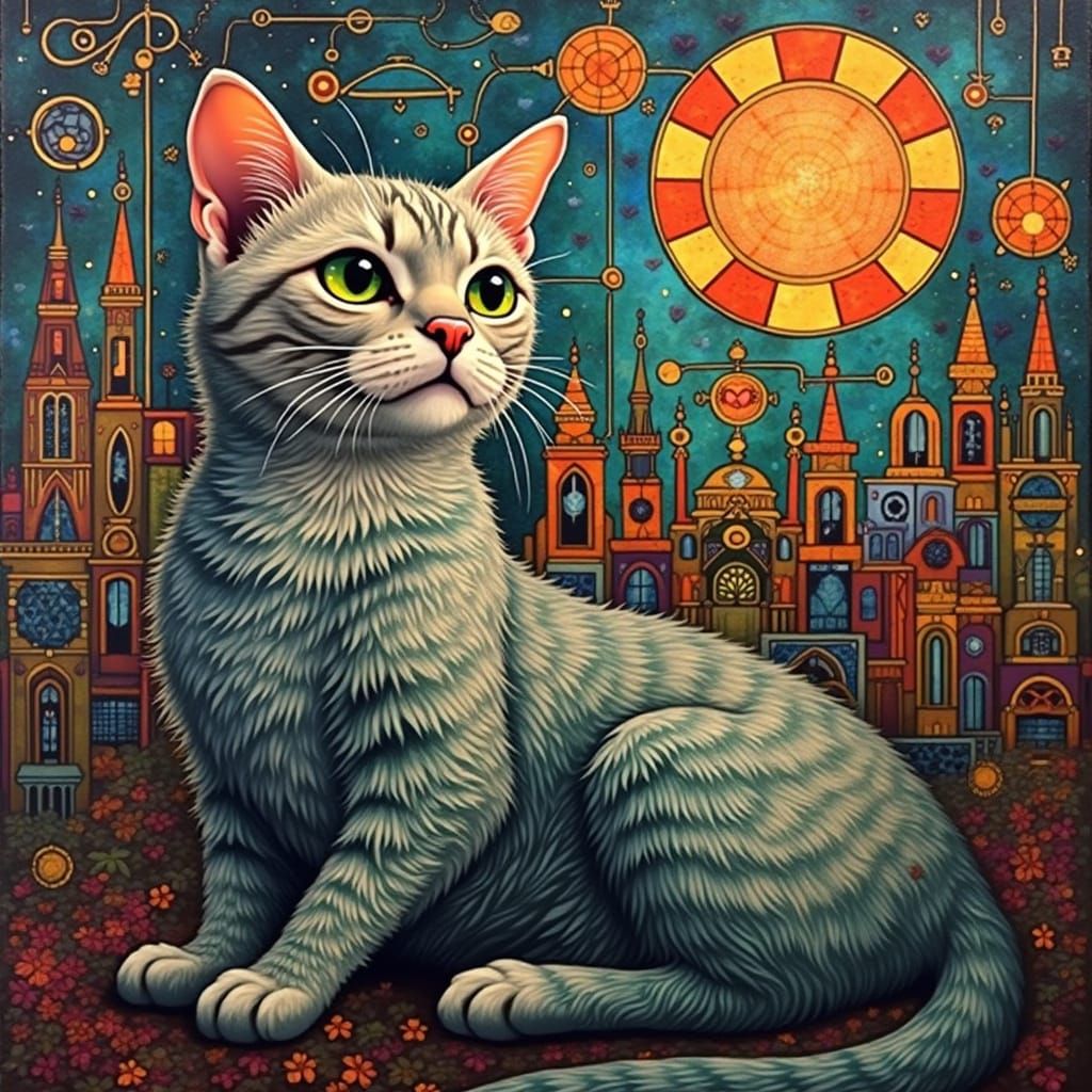 Regal Cat in Art Nouveau Cityscape
