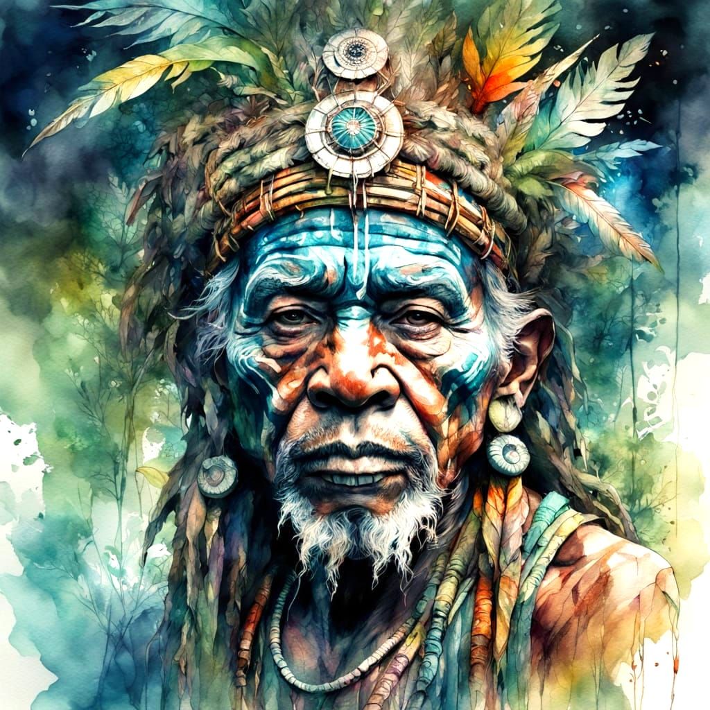 Wise Shaman in Jungle Watercolor Portrait