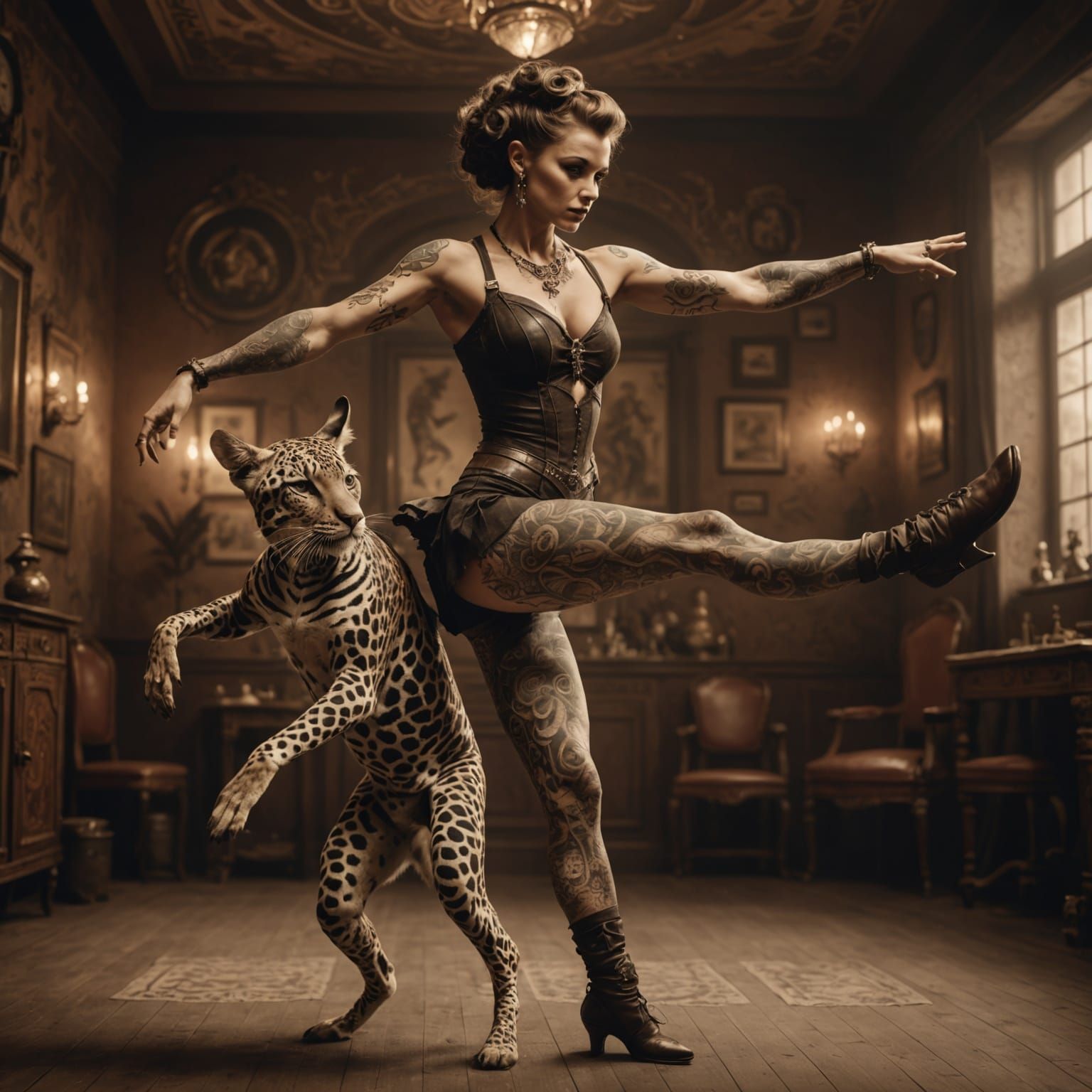 Sepia Contortionist Dance with Animal Companion