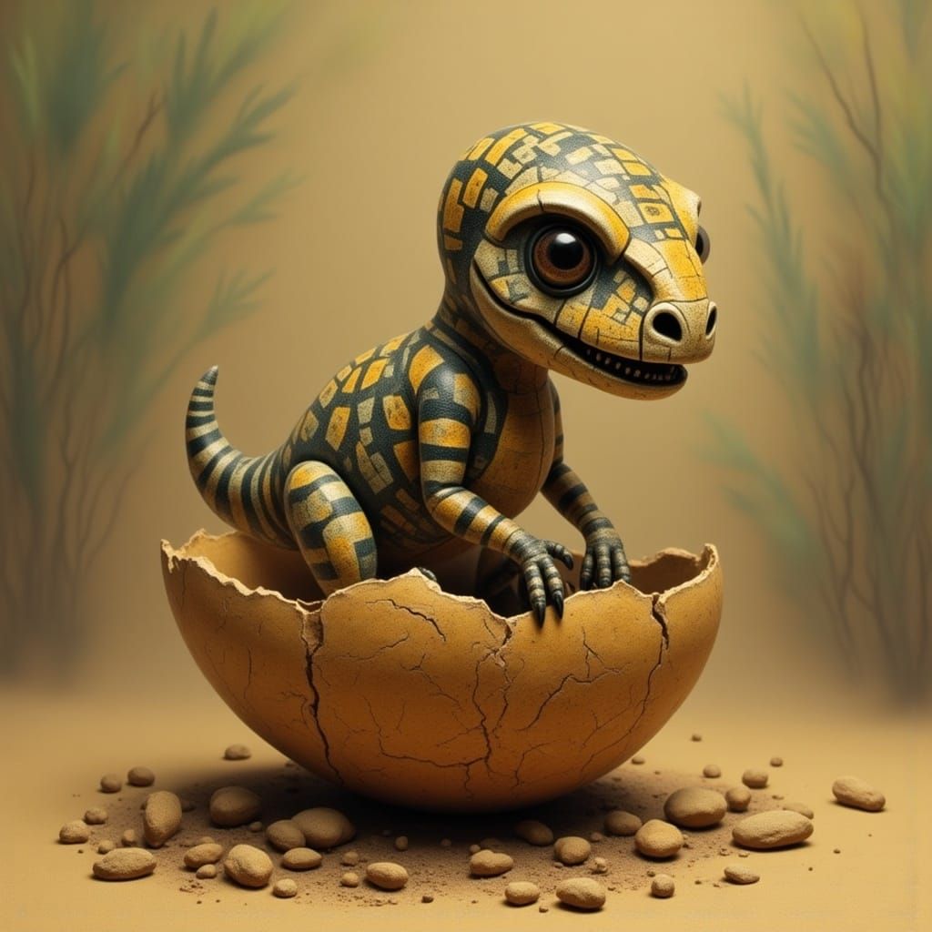 Surreal Whimsy: A Baby T-Rex Emerges in Earthy Dreamscapes