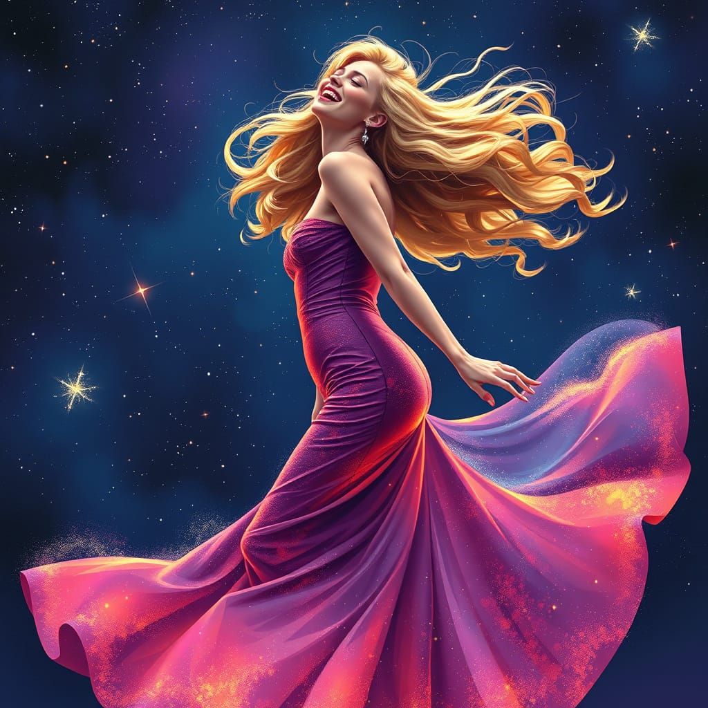 Golden Goddess Dancing Among Stars in Cosmic Evening Gown
