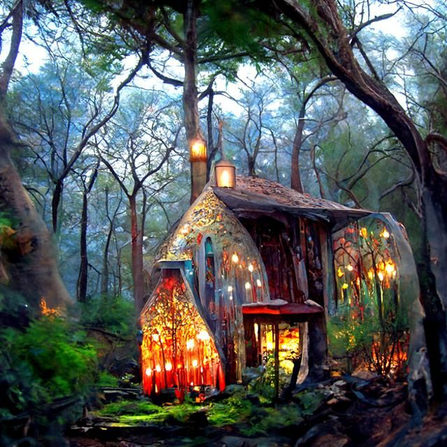 Enchanted Cottage in Magical Glowing Forest: Matte Painting