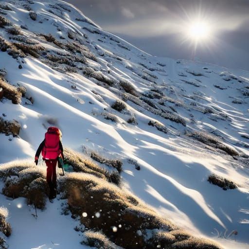 Woman Hikes Snowy Mountain at Golden Hour