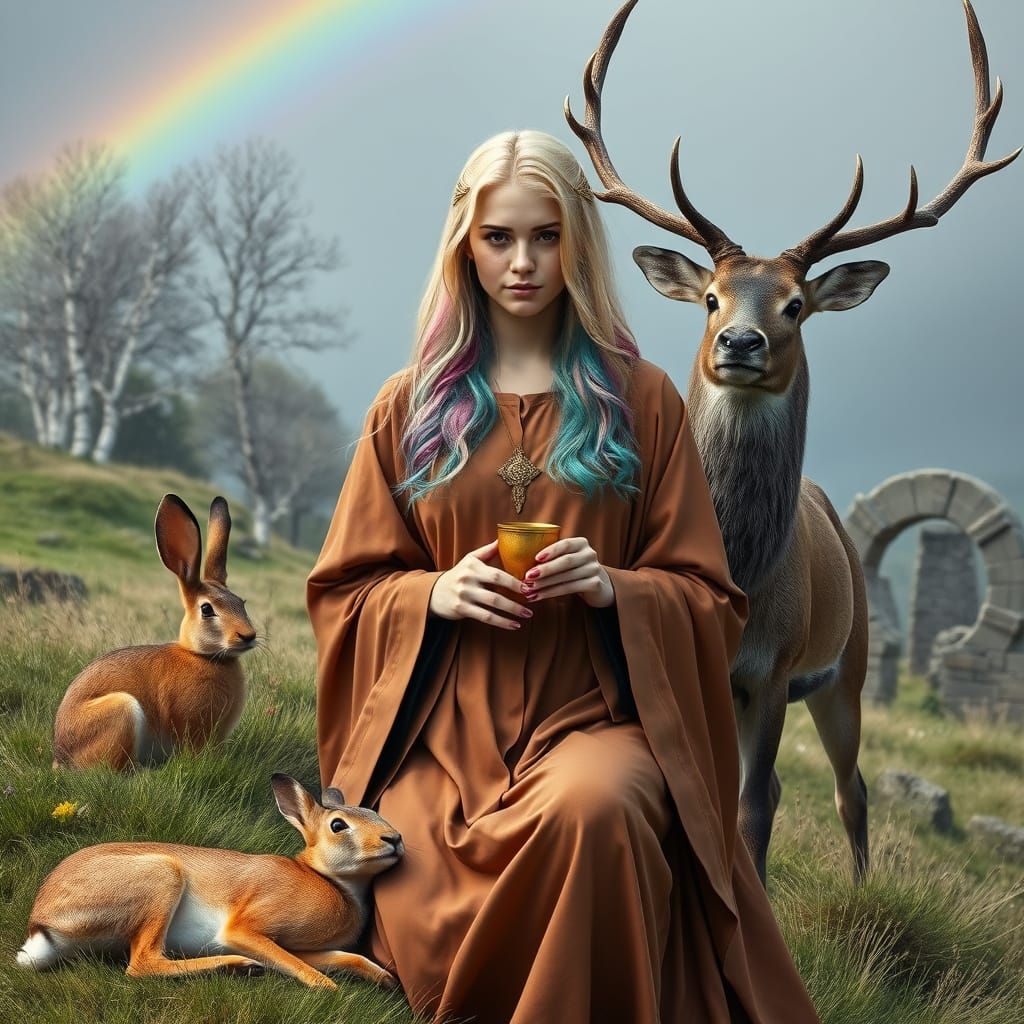 Ethereal Priestess with Animals in Realistic Fantasy Style