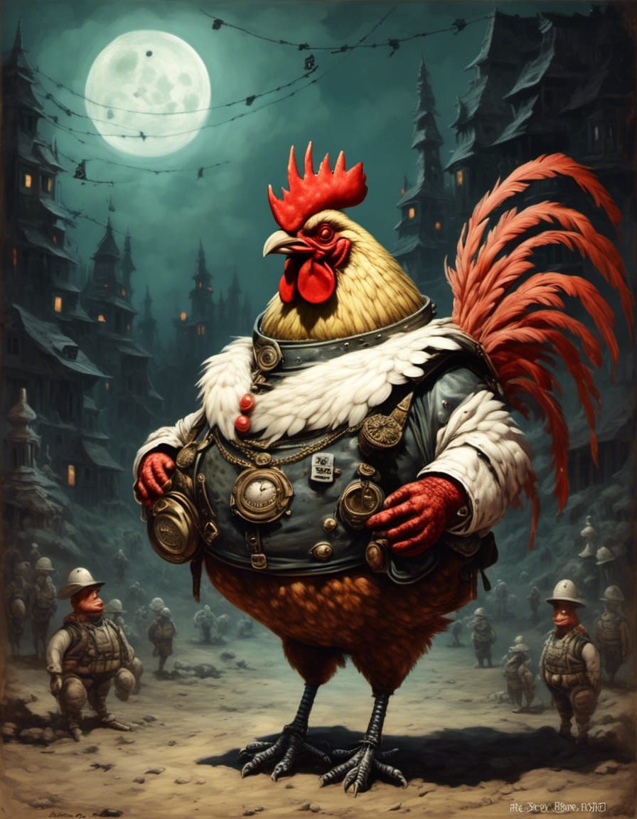 Humorous Rooster Captain Leading Chicken Army