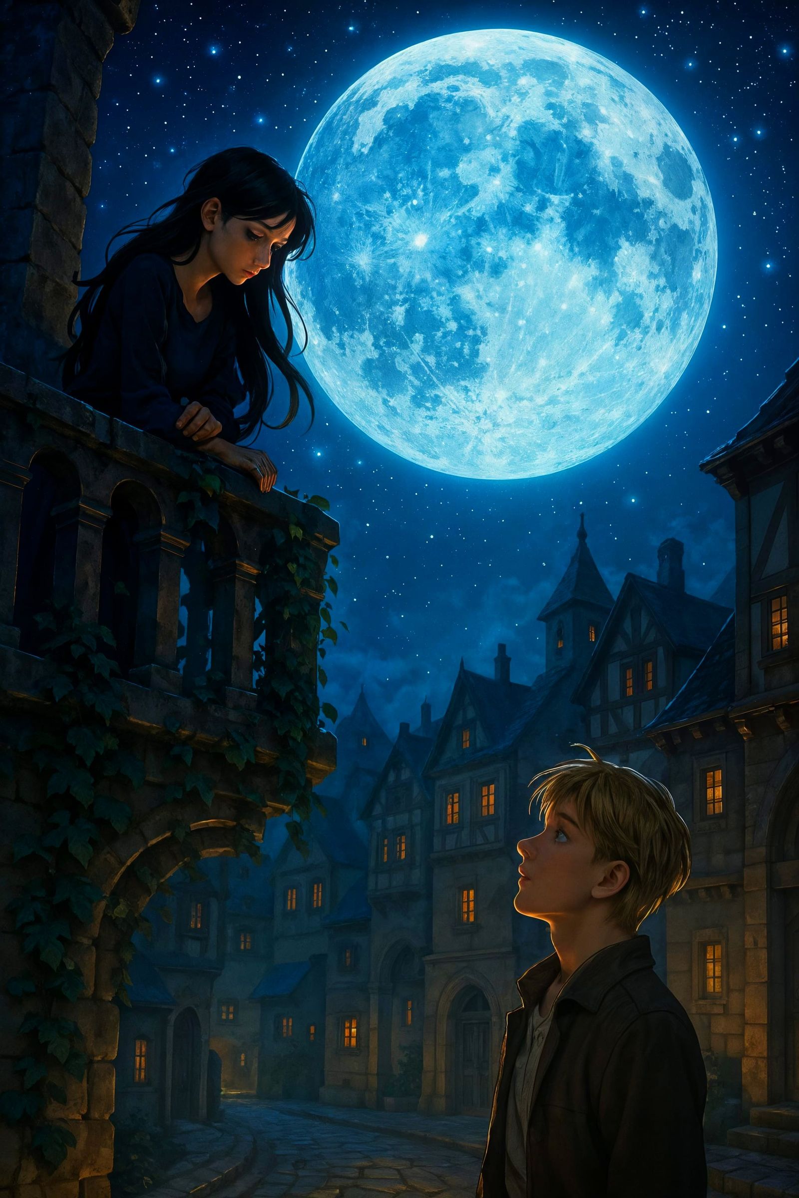 Moonlit Balcony Scene with Vibrant Colors