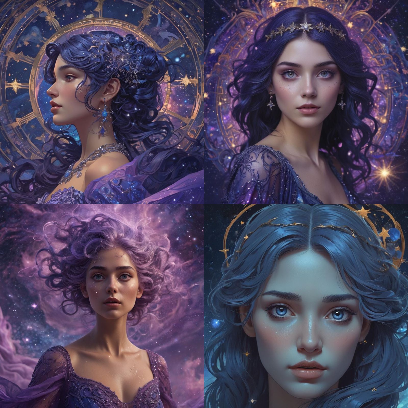 Cosmic Blue Woman in Mucha Style Digital Art