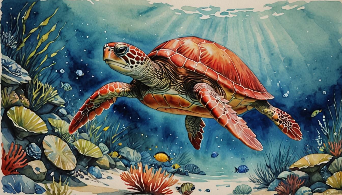 Watercolor Painting of a Red Turtle