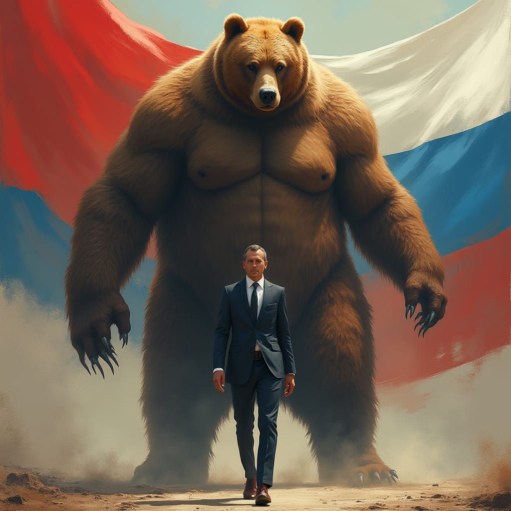 Giant Bear Man Walks Beside Businessman in Russian Tricolor ...