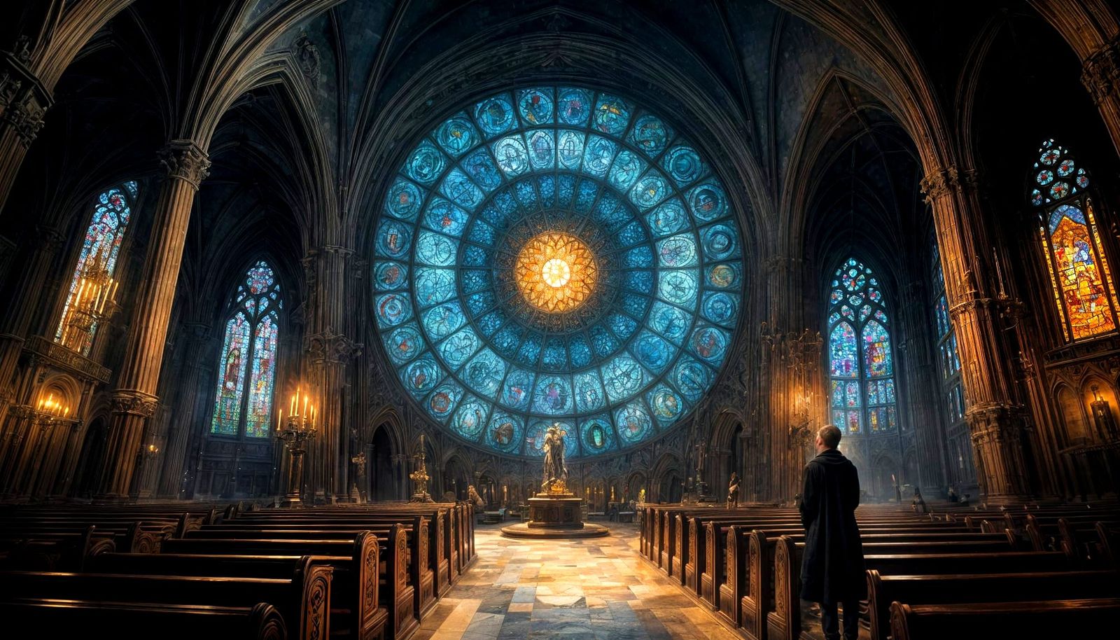 Gothic Cathedral Interior with Celestial Vortex