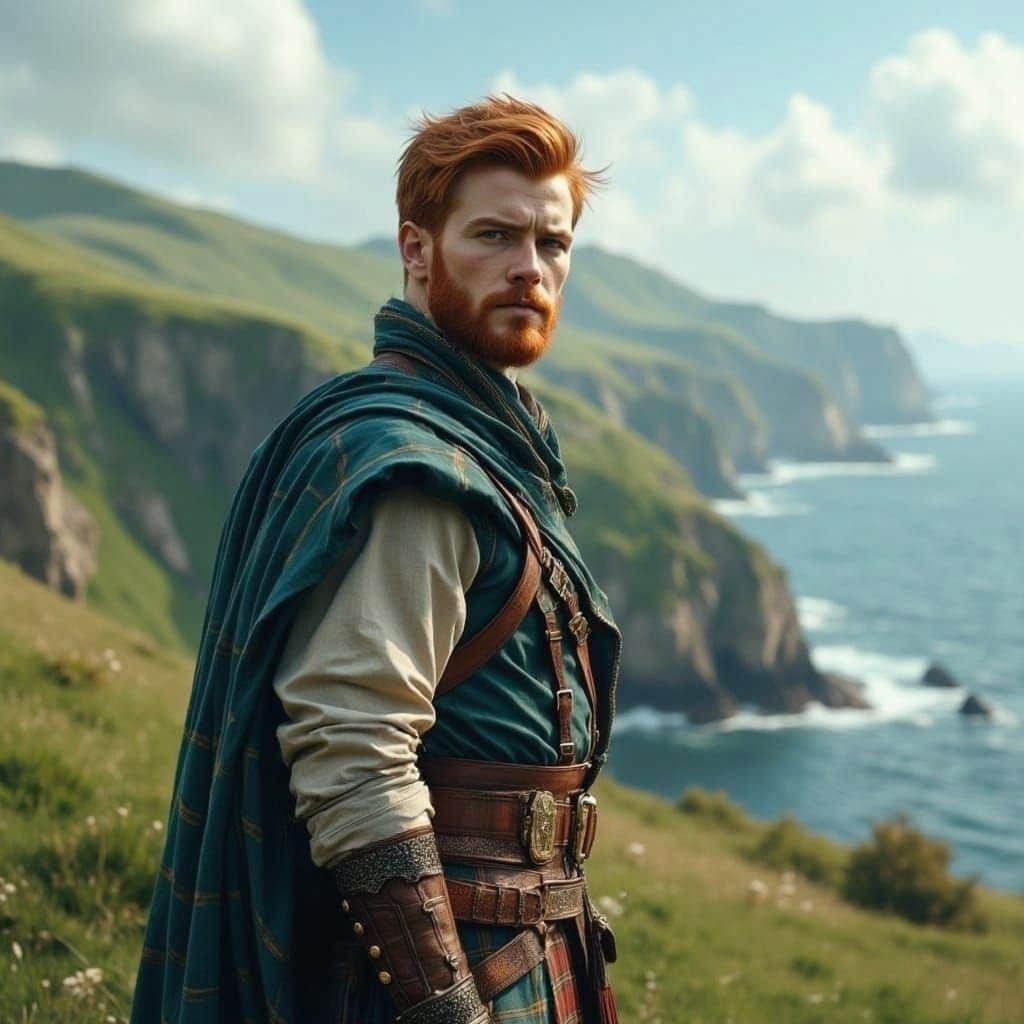 Scottish Highlander on Green Hill Overlooking Sea