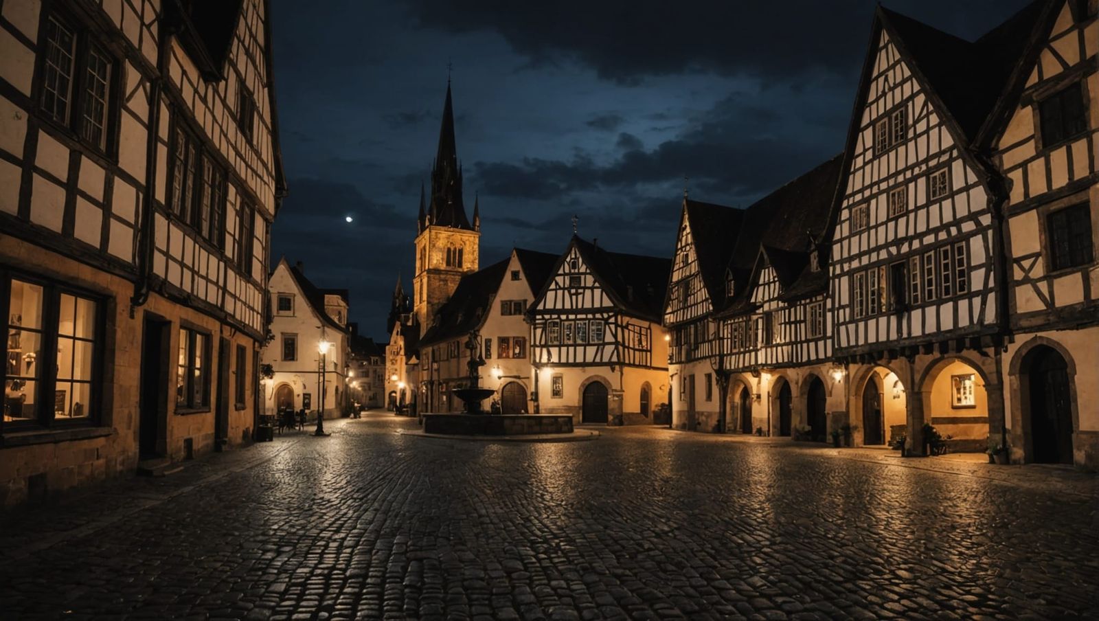 Mystical Medieval Town Square at Night
