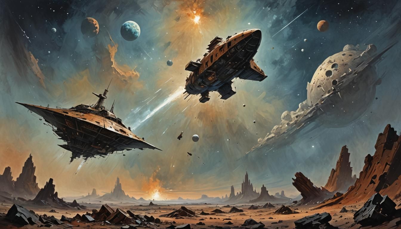 Rusty Spaceship Among Space Debris