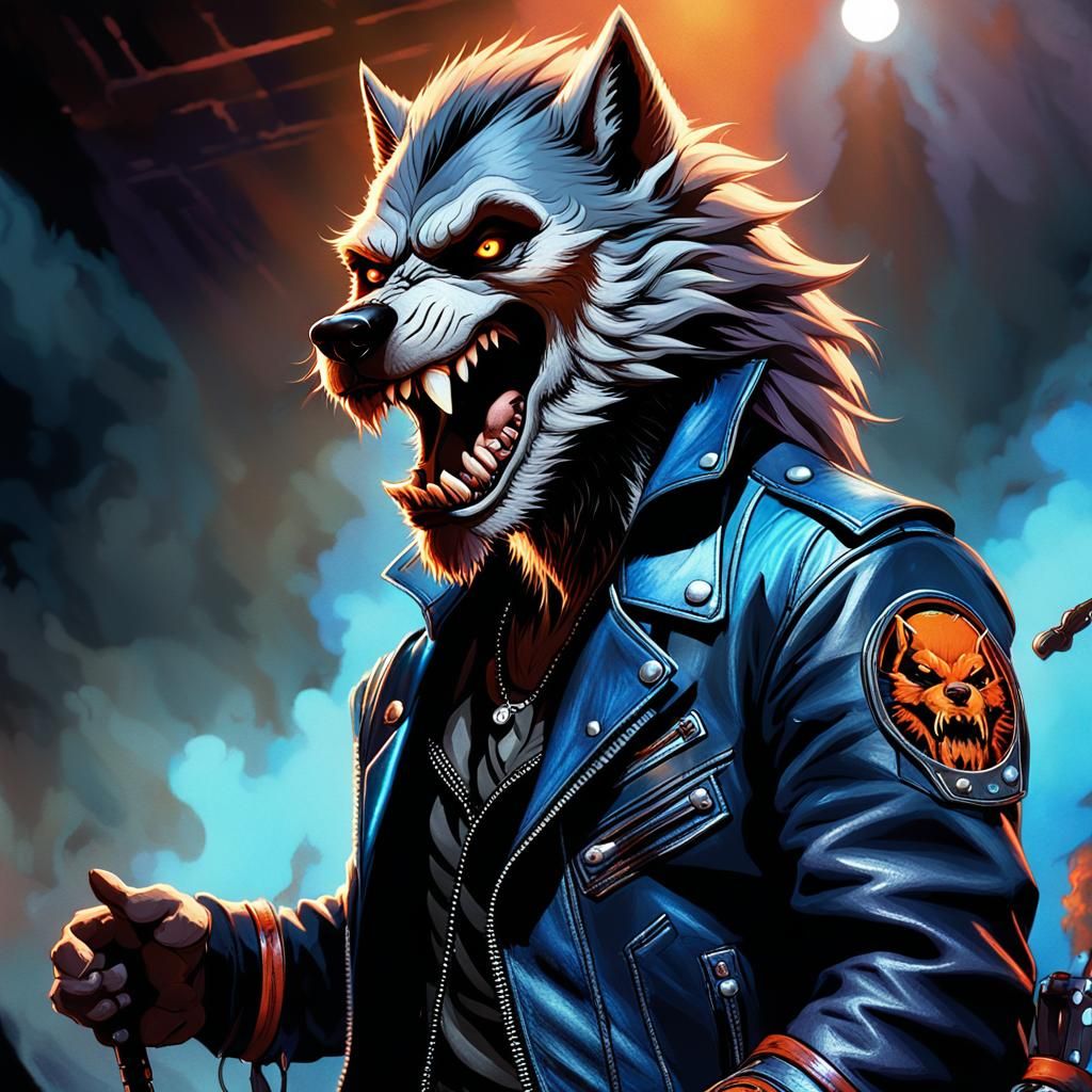 Werewolf Rockstar Shredding Stages in Leather Jacket