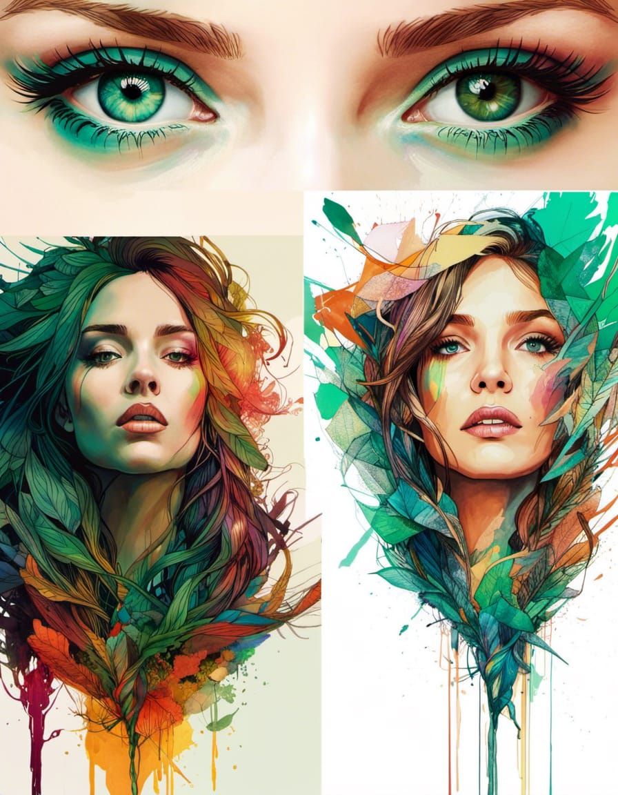 Stunning Woman Portrait with Geometric Ink Drip Art