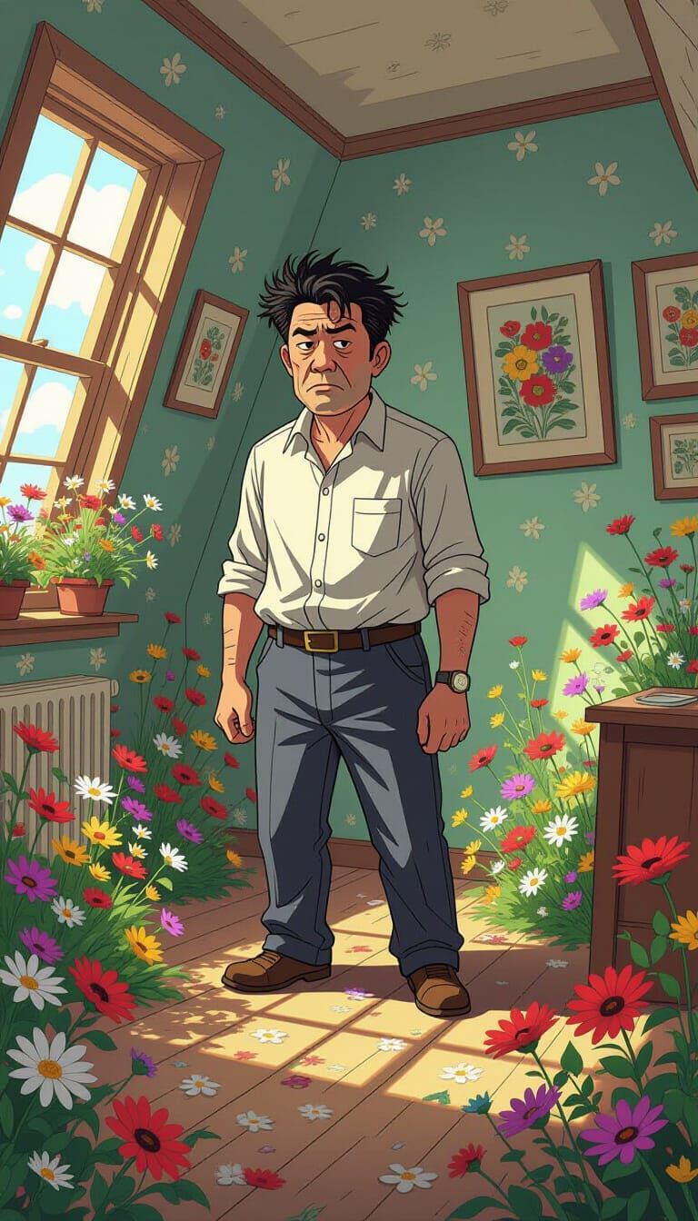 Man in Tilted Room with Wildflowers, Comic Style