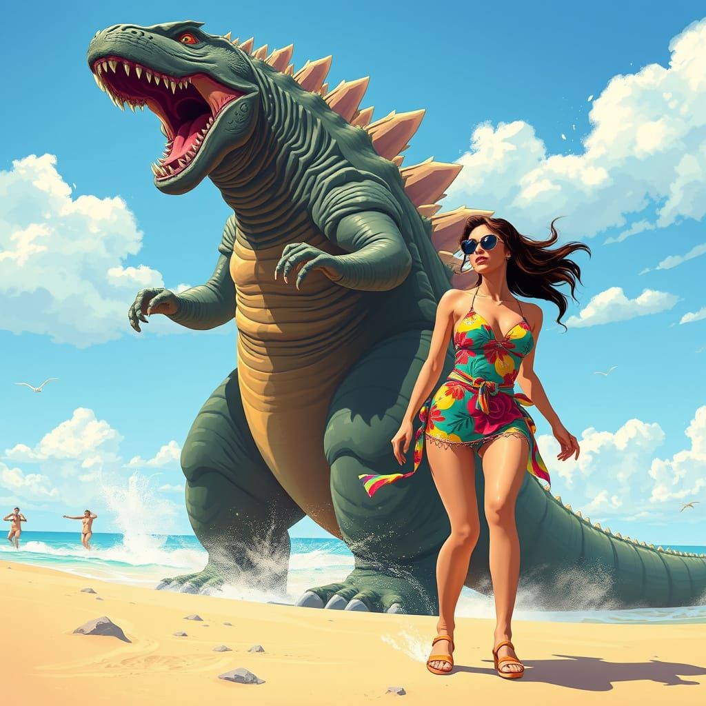 Godzilla vs. Beachgoer in Retro-Futuristic Style