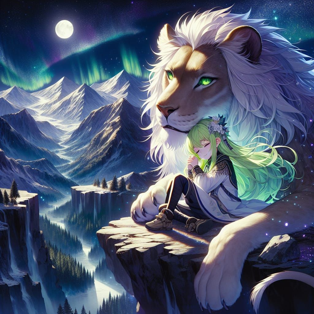 Anime Girl and Mountain Lion Fantasy Art