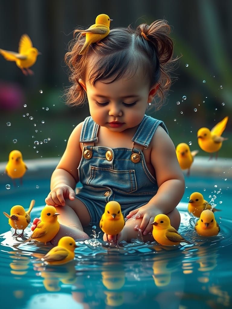 Baby Girl's Birdbath Adventure in Vivid Colors
