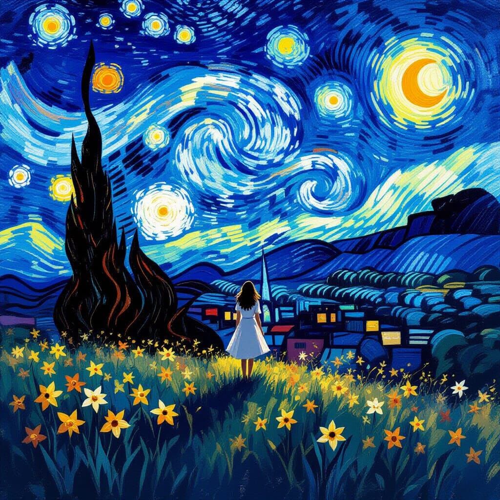 Woman on Hill in Starry Van Gogh Style