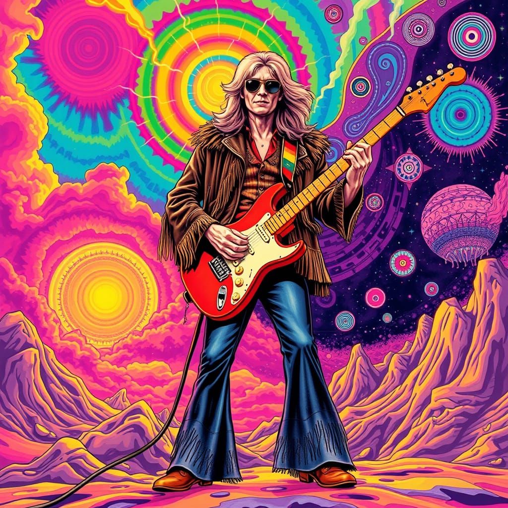 Psychedelic Rock Guitarist with Rainbow Lightning Bolts
