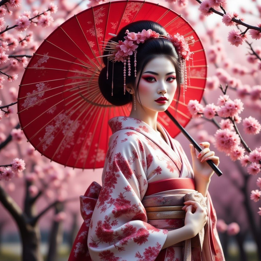 Captured amidst a serene backdrop of cherry blossoms, this i...