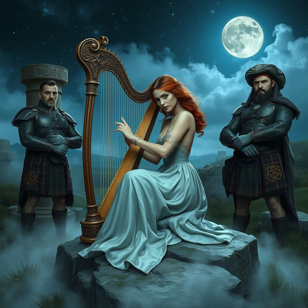 Mystical Celtic Harpist on Starry Moor