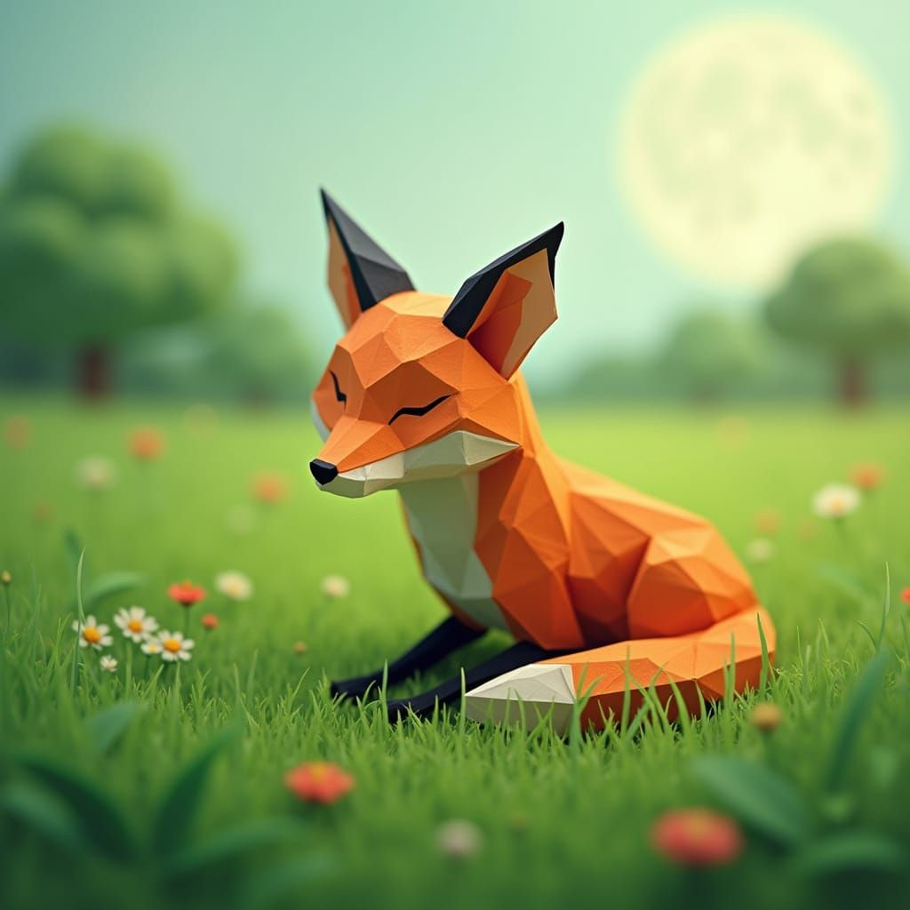 Origami Fox Lounging in Green Field