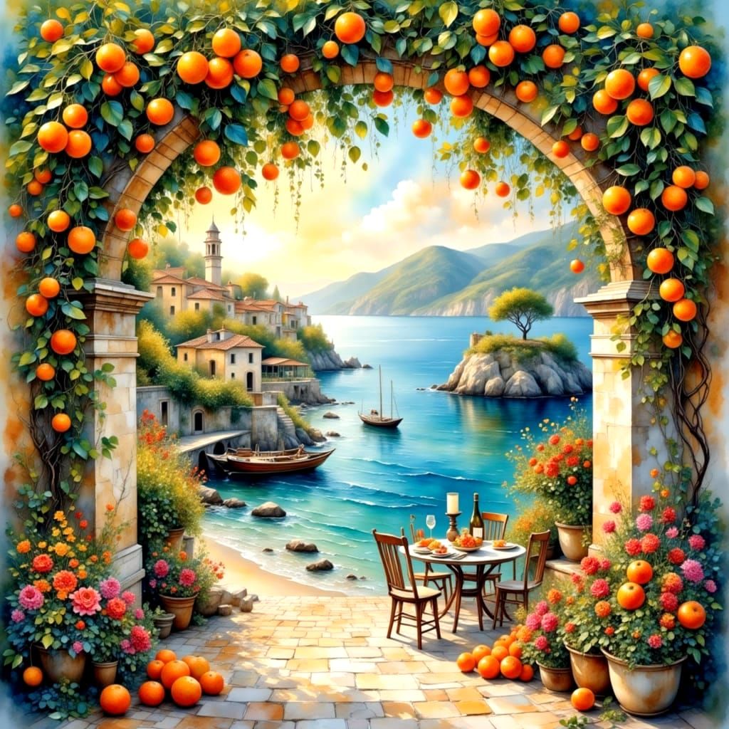 Mediterranean Oranges in Watercolor Style