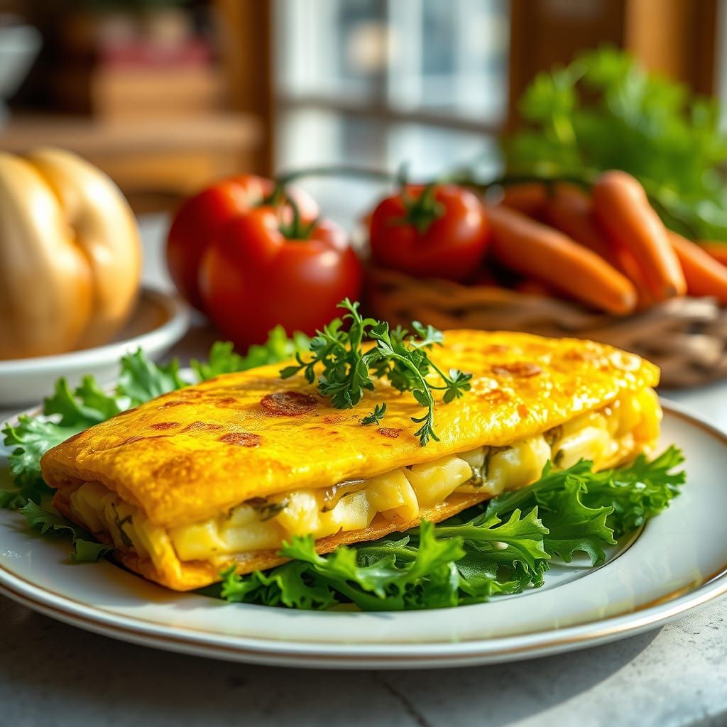 Golden Cabbage Omelette on Celery Leaves in a Sunlit Cafe