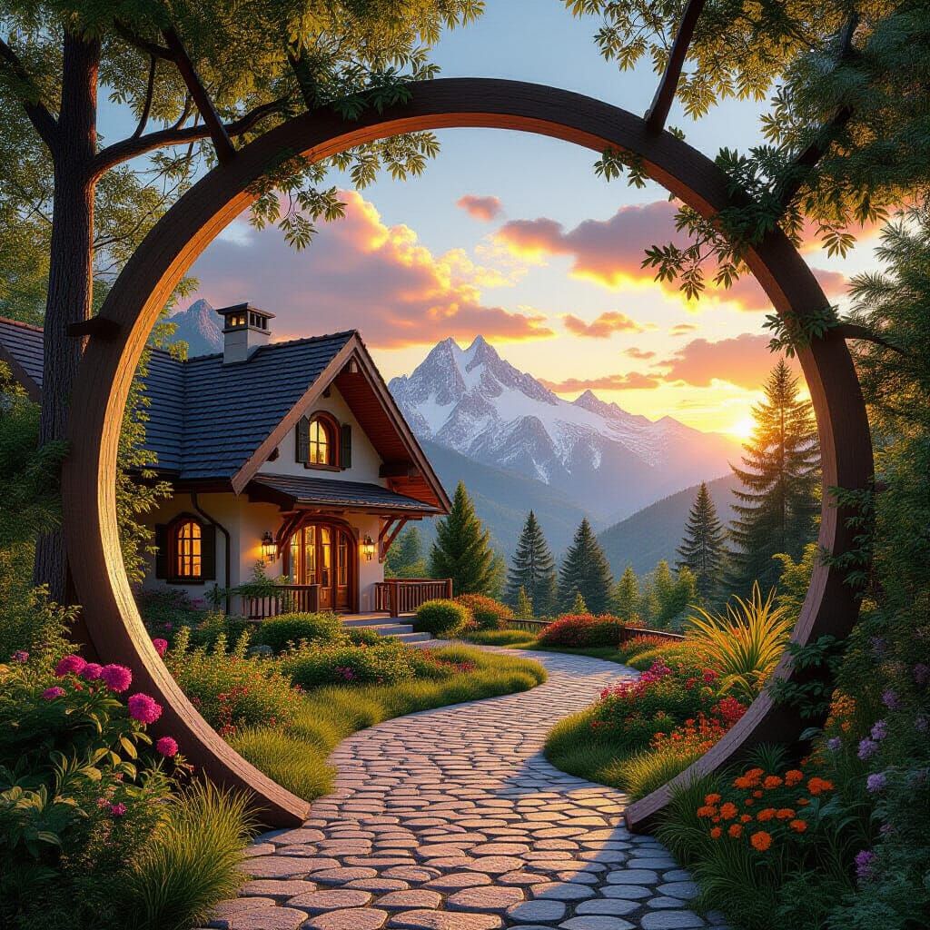 Enchanting Cozy House at Colorful Sunrise