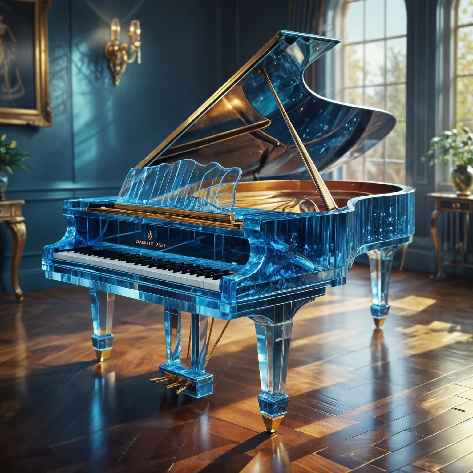 Crystal Grand Piano in Luxurious Room, Surreal Oil Painting