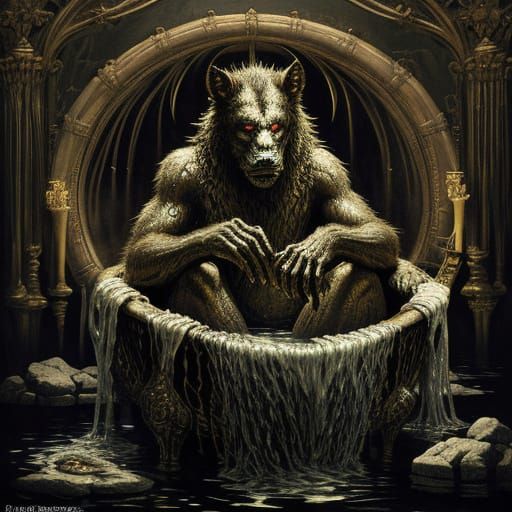 Gustave Doré maximalism horror luminous werewolf bathing.
