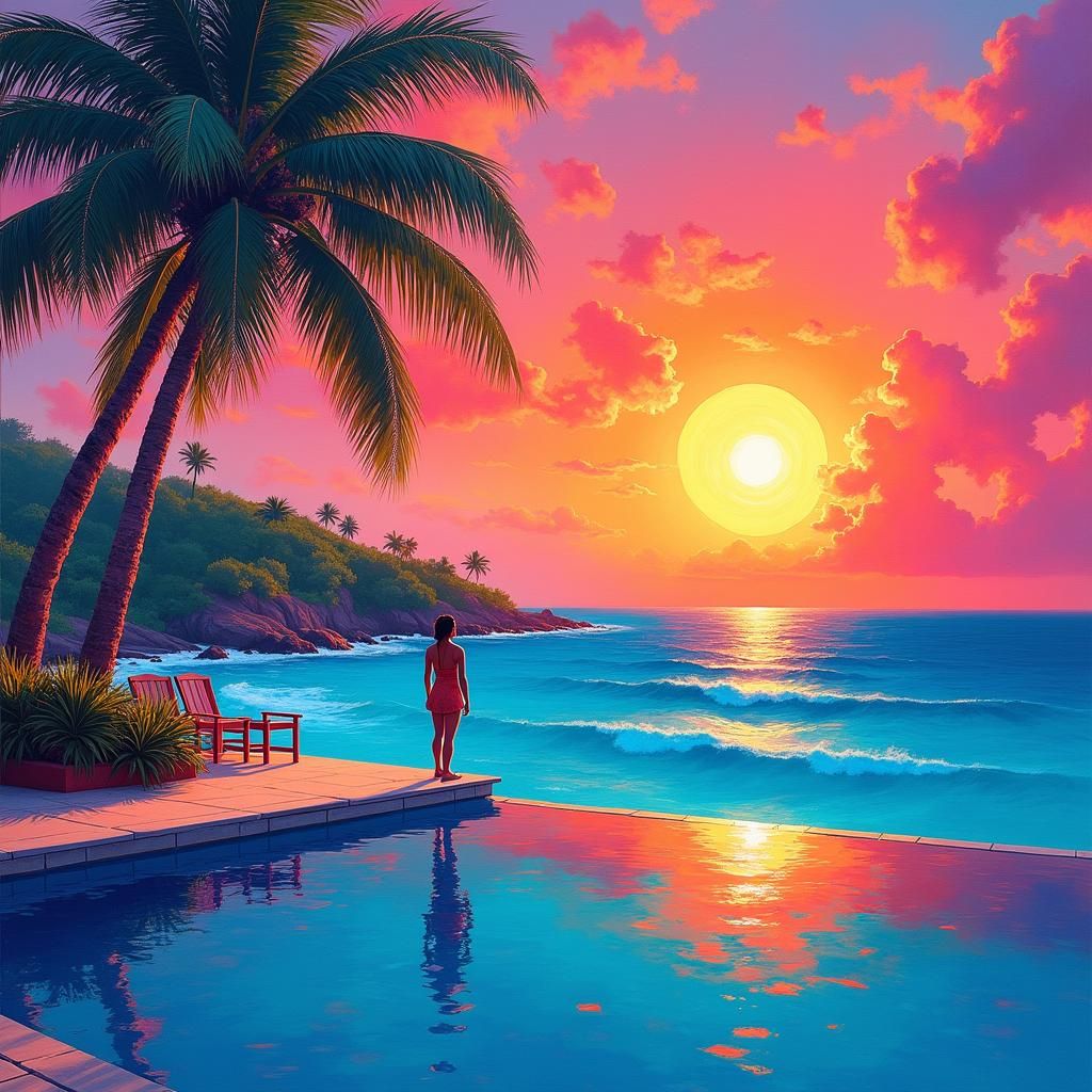 Island Infinity Pool with Graffiti Art in Polychromatic Styl...