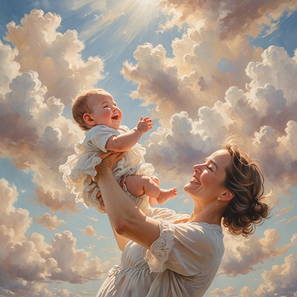 Happy Baby Held by Mom in Impressionistic Sunlight