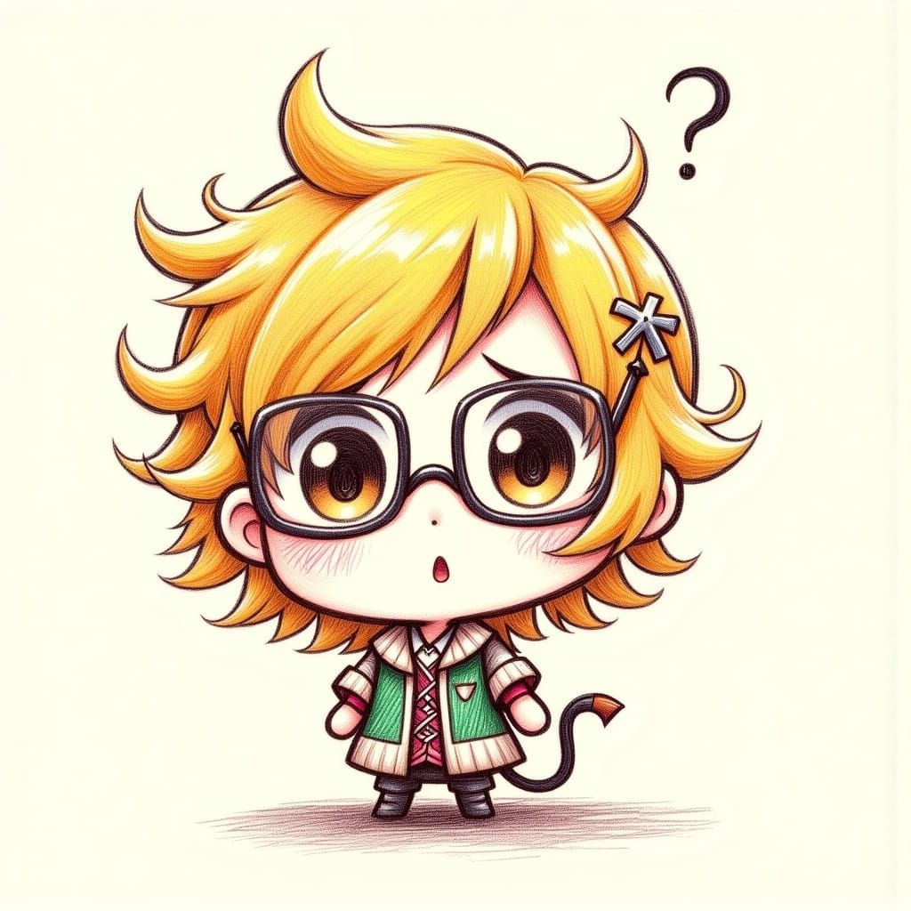 Thoughtful Person Adjusting Glasses: Chibi Crayon Cartoon