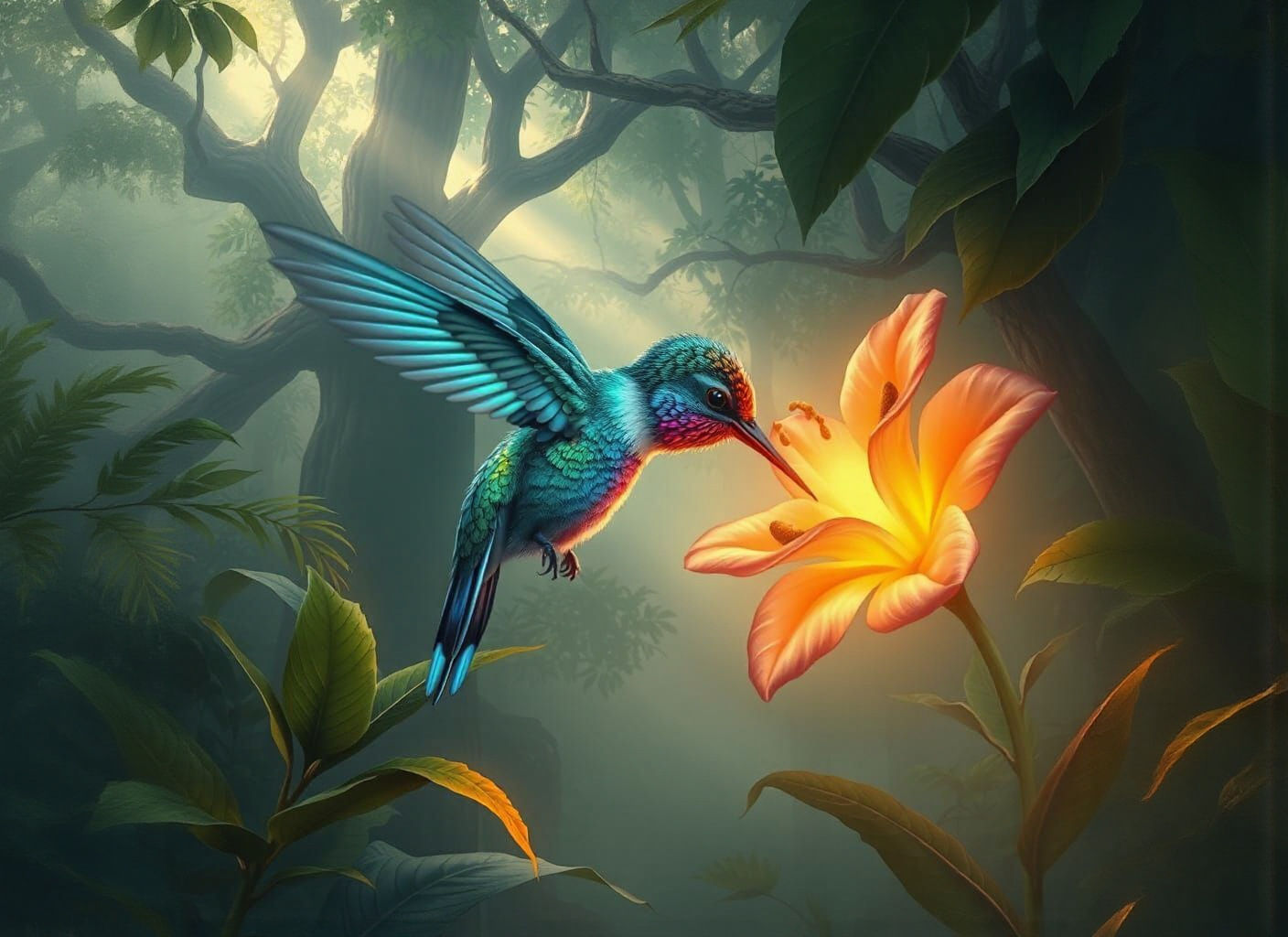 Bioluminescent Hummingbird in Jungle Clearing, Fantasy Art