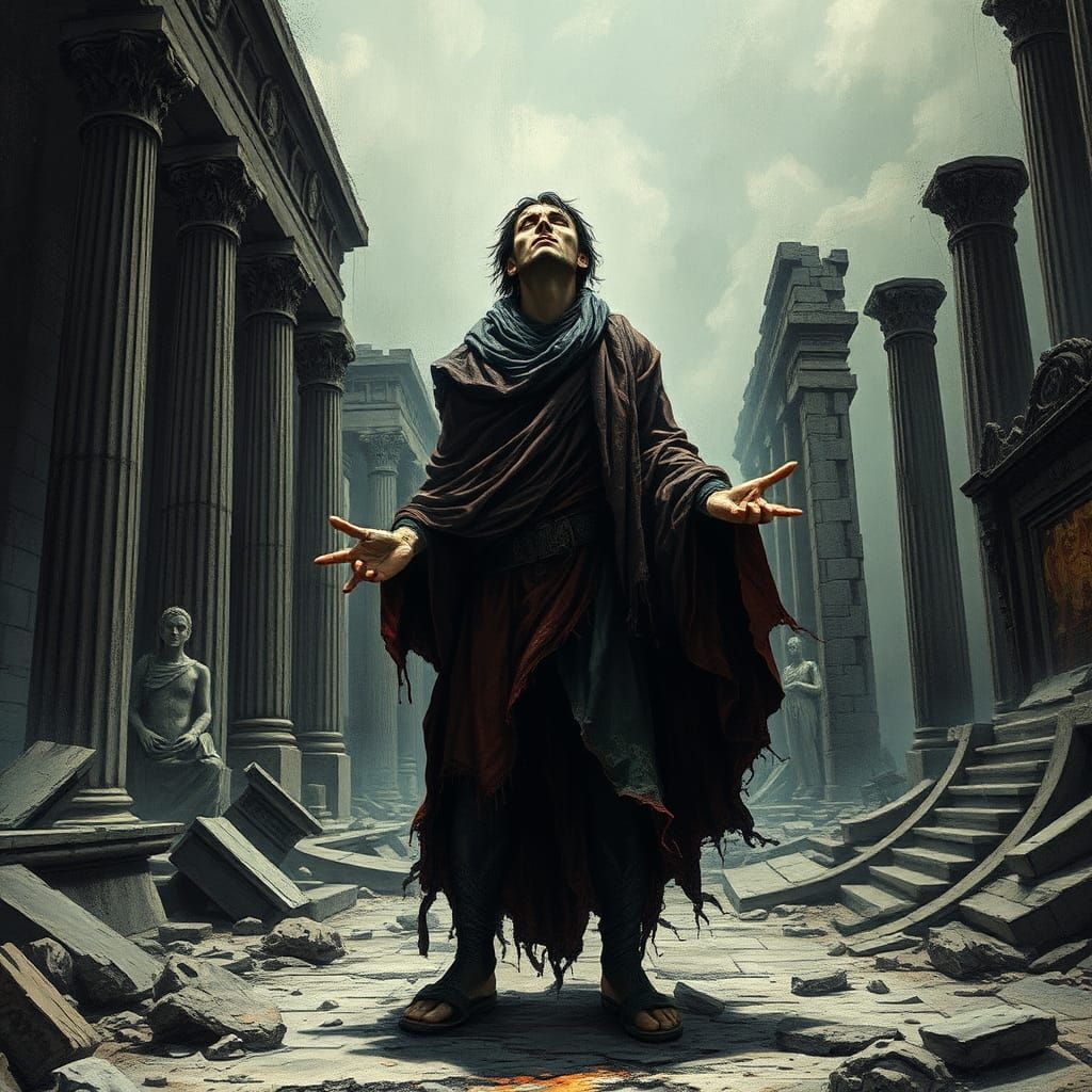 Ornate Figure in Temple Ruins, Dark Fantasy Style