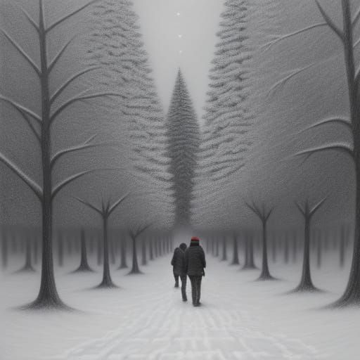 Hyperdetailed Charcoal Drawing of a Winter Wonderland