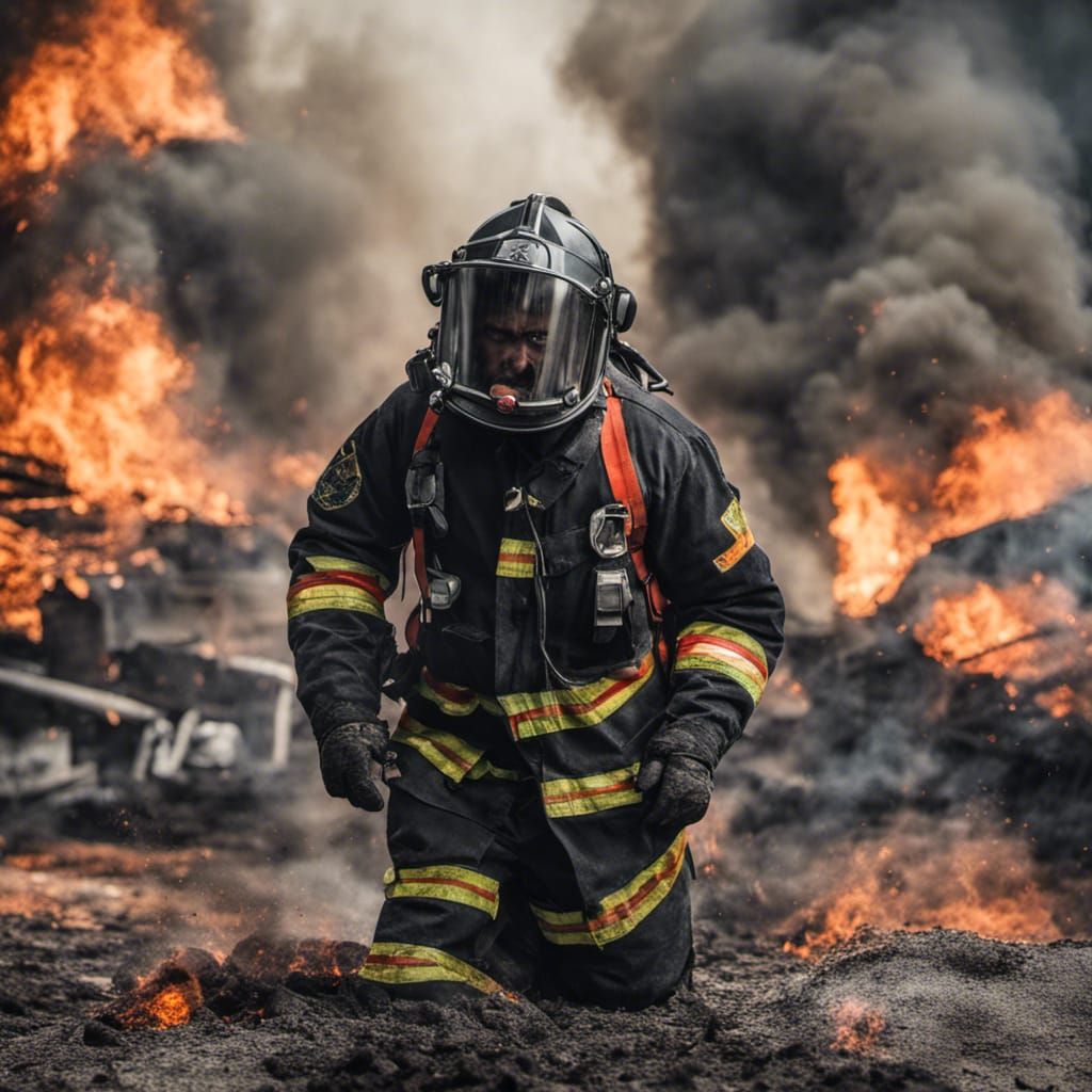 Firefighter Saving Cat in Burning City: Hyperrealistic Mixed...