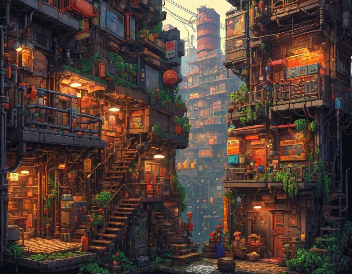 Dystopian Steampunk City Alley in Pixel Art Style