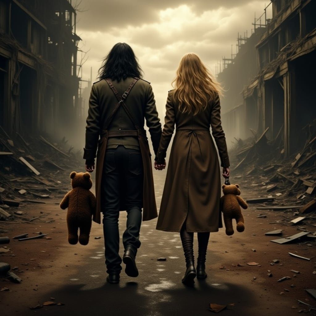 Grown Man and Woman Hold Hands in Desolate Post-Apocalyptic ...