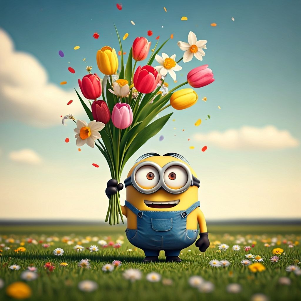 Minion Tosses Colorful Spring Flowers in Pixar Style