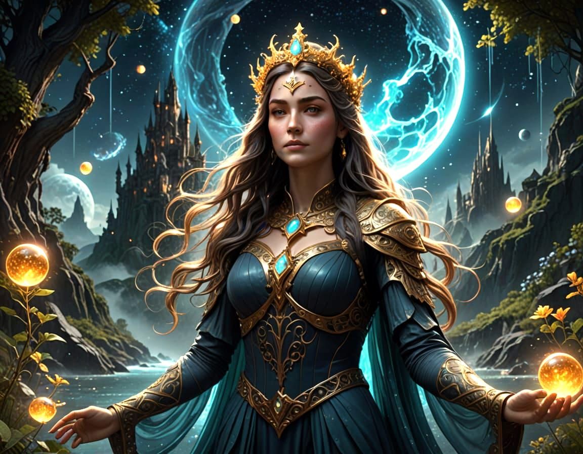 Celestial Goddess Radiates Cosmic Wisdom in Dreamy Realism