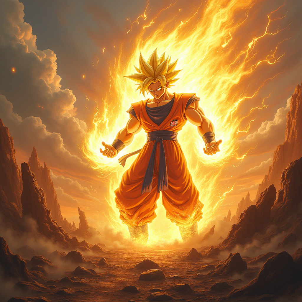 Warrior Unleashing Supersaiyan Blast in Apocalyptic Landscap...