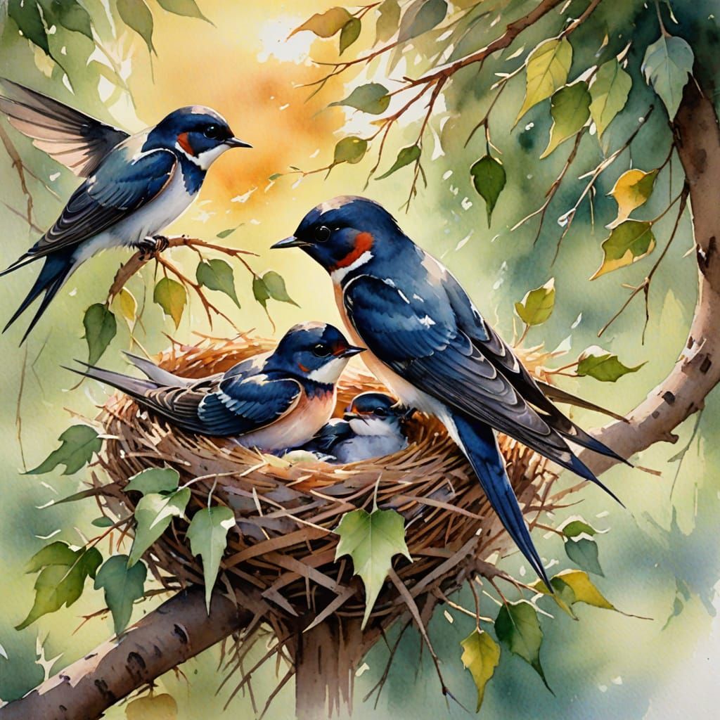 Watercolor Romanticism: Swallow Feeds Chicks in Serene Nest