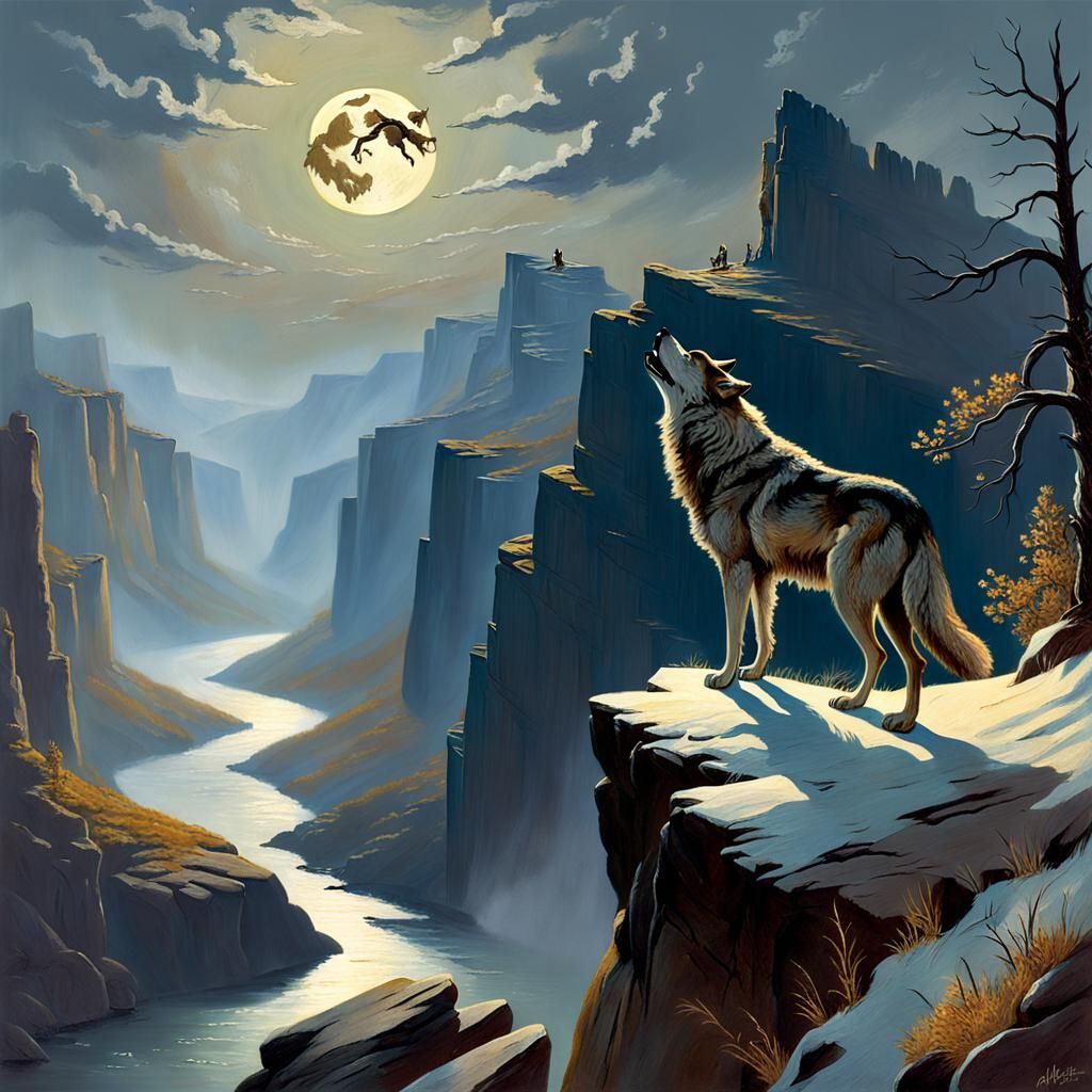 Wolf Gazing at Moon in Romantic Landscape Painting